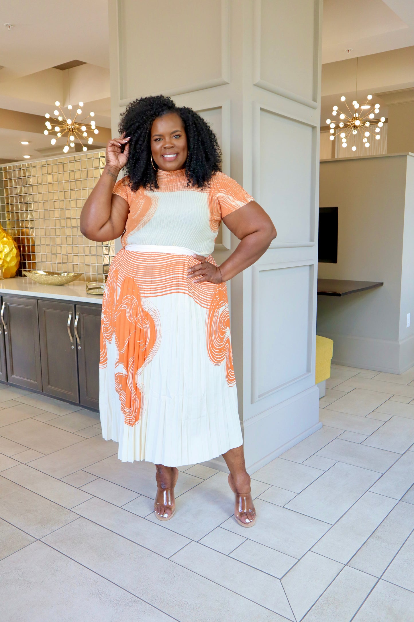 Abstract Orange & Cream Skirt Set