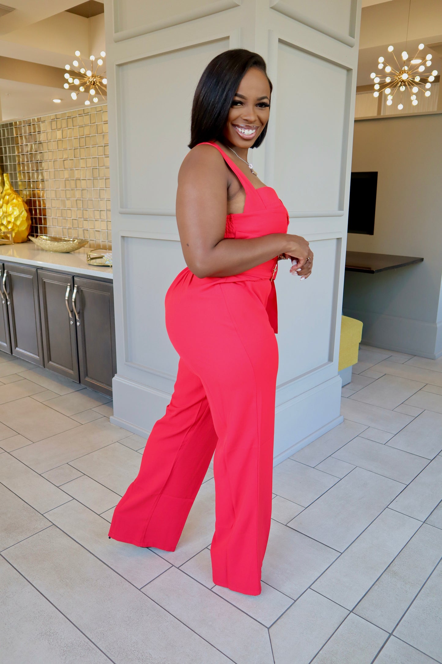 Fiery Red Belted Jumpsuit