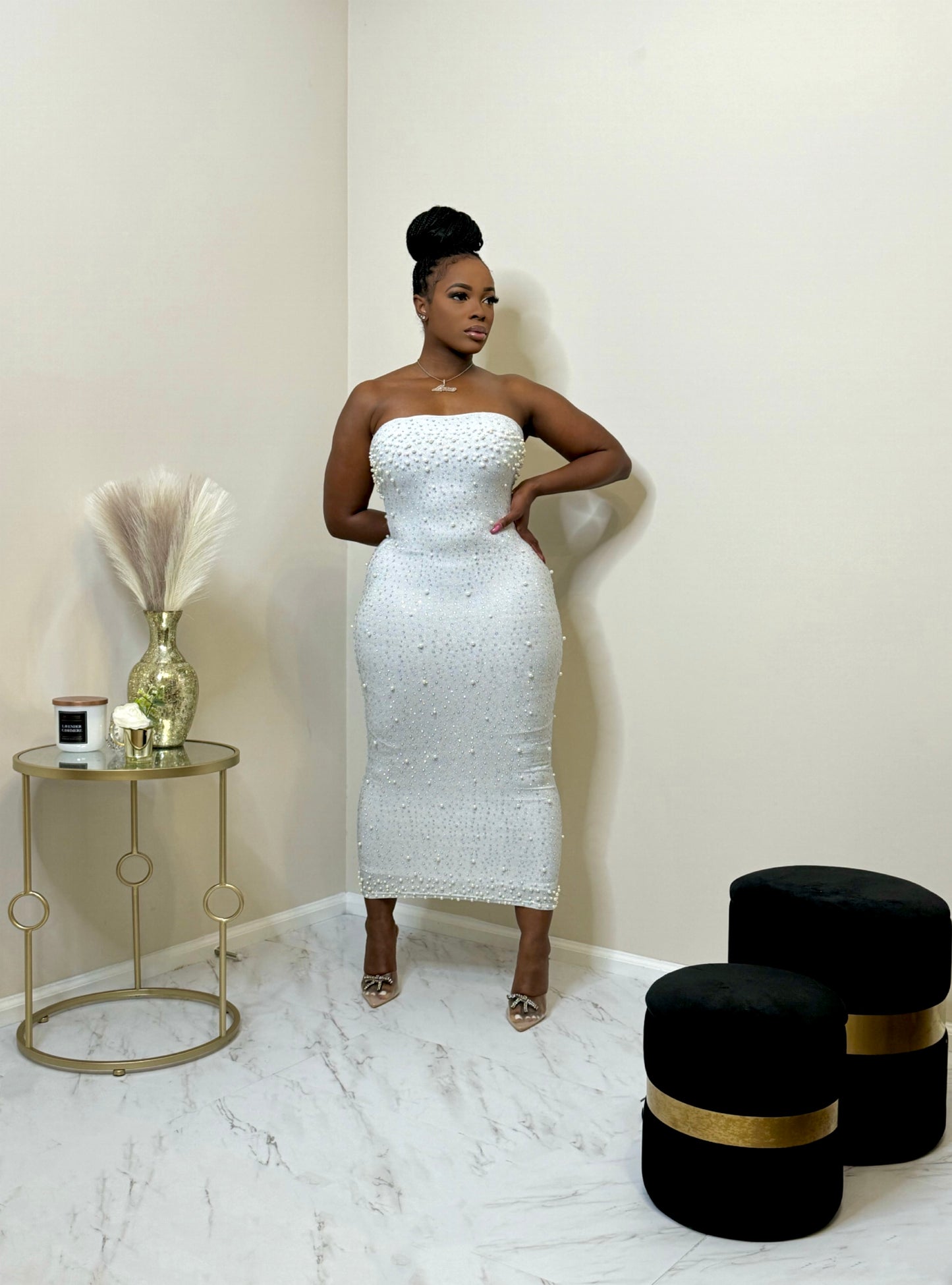 Blanco Rhinestone Pearl Midi