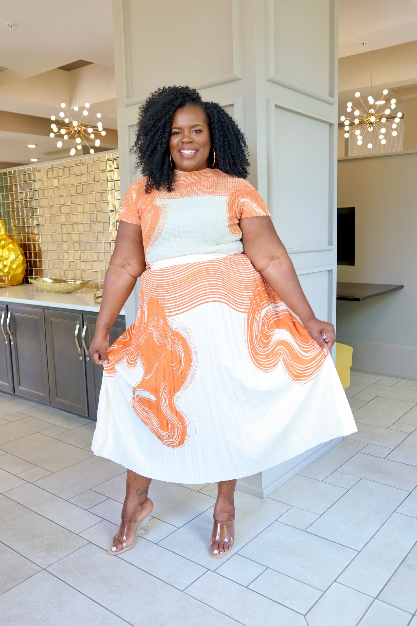 Abstract Orange & Cream Skirt Set