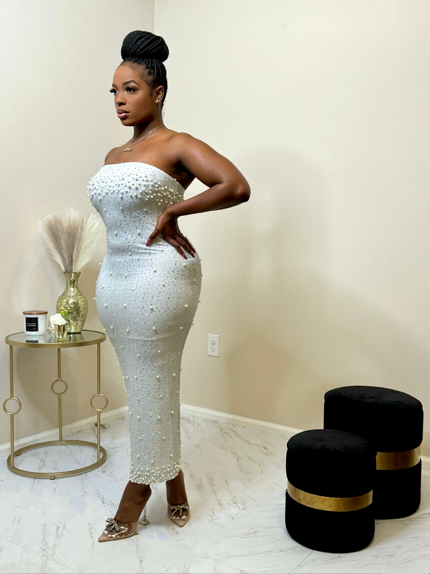 Blanco Rhinestone Pearl Midi