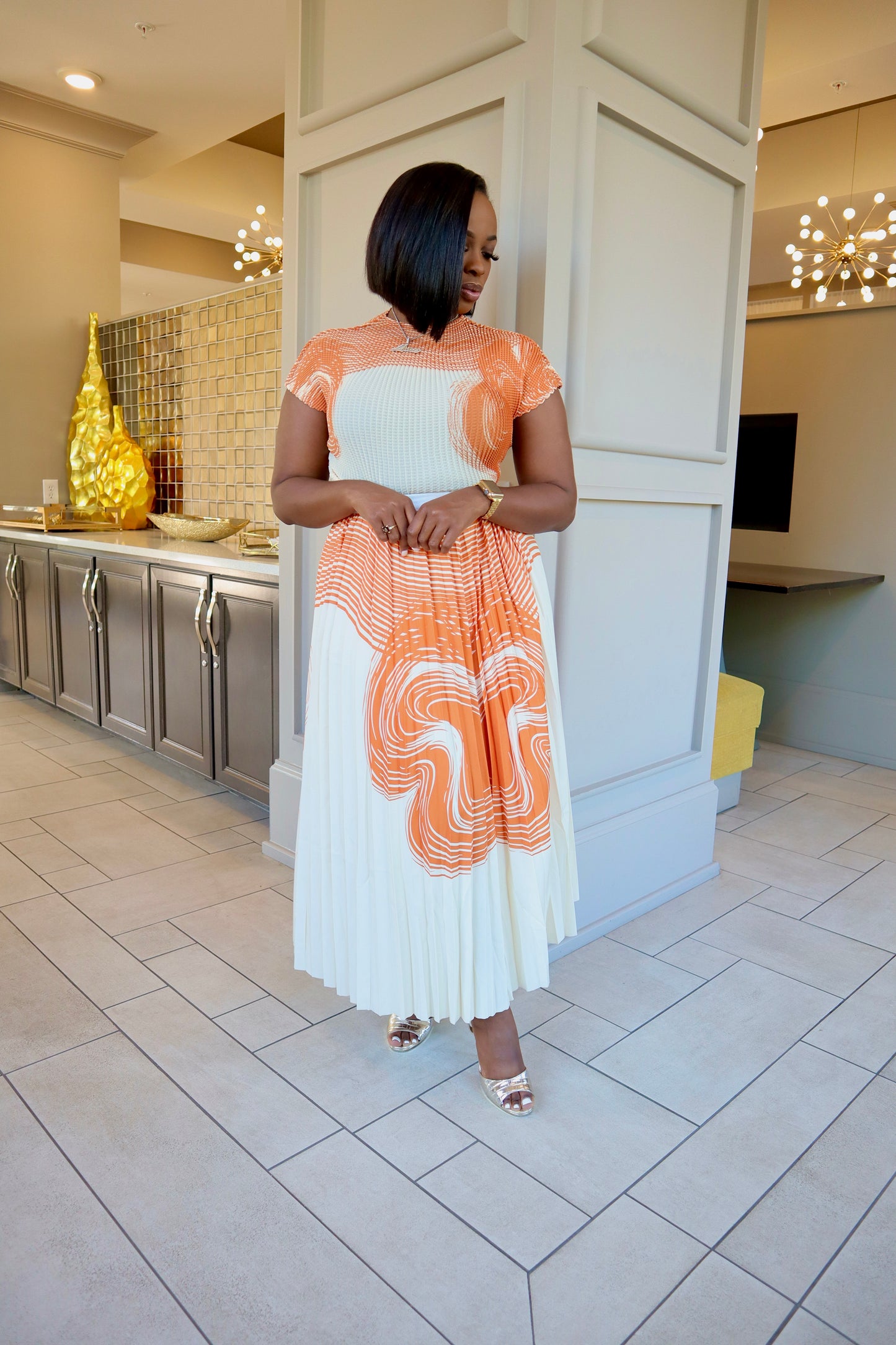 Abstract Orange & Cream Skirt Set