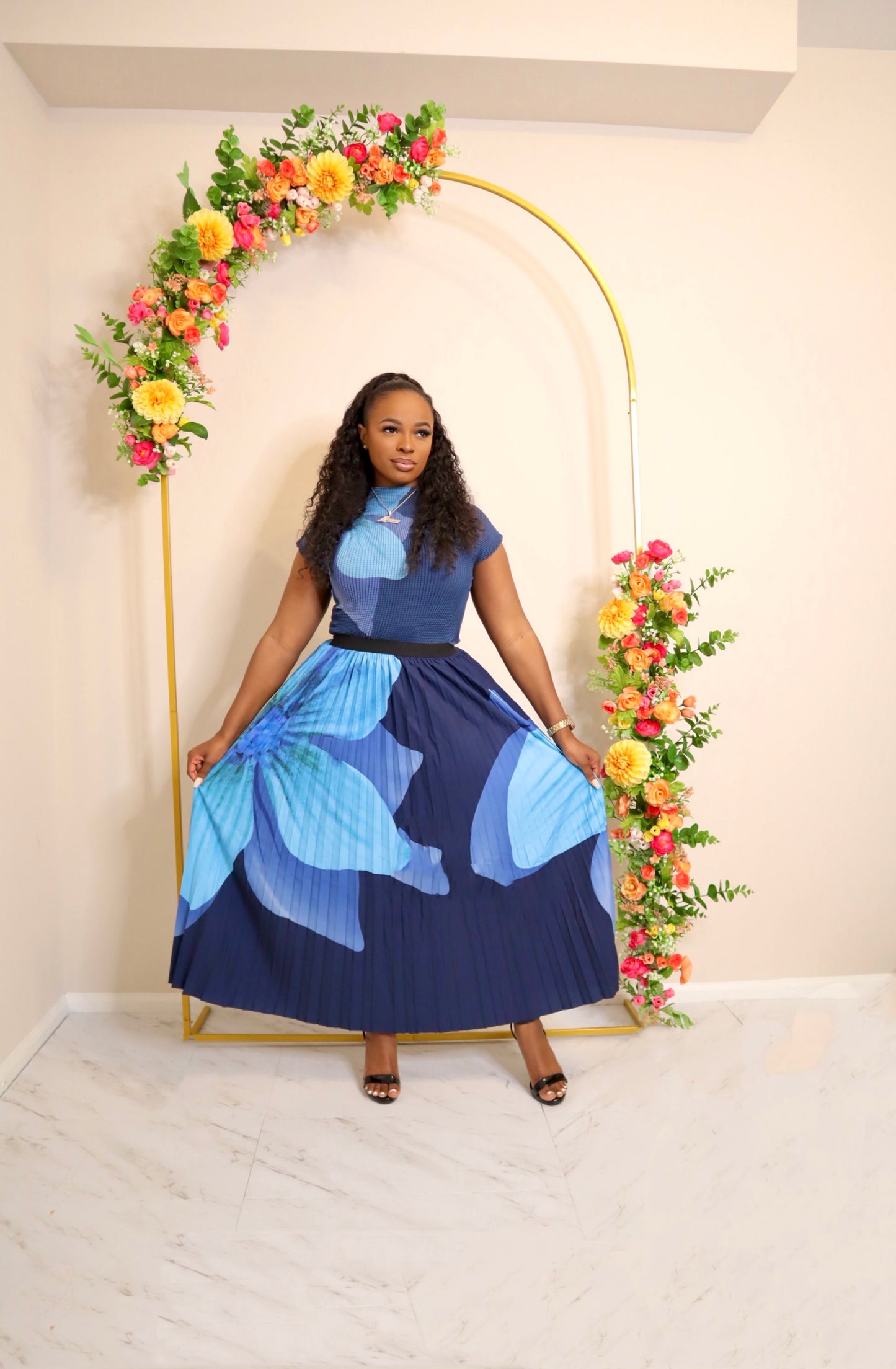 Navy Royal Blossom Skirt Set