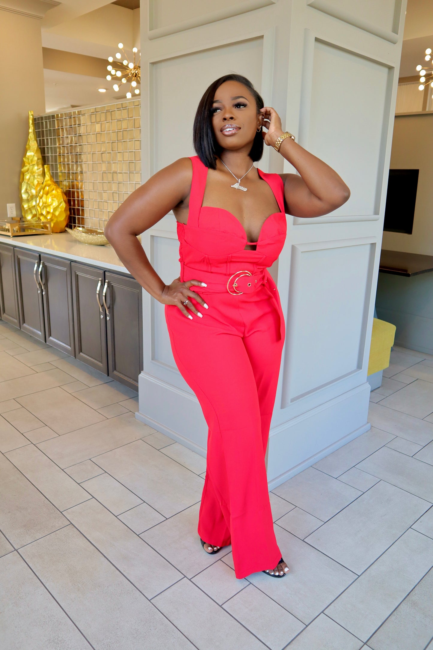 Fiery Red Belted Jumpsuit