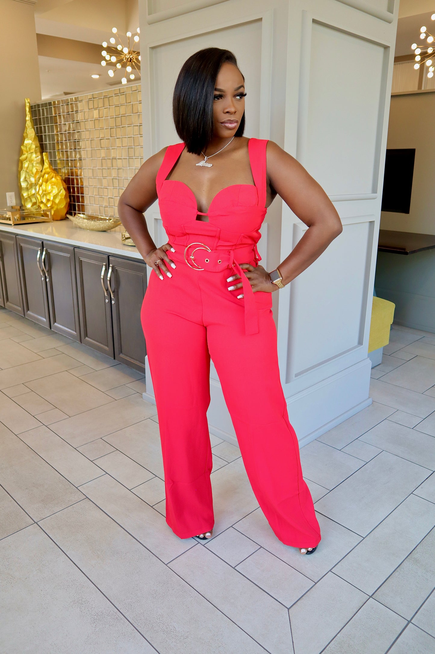 Fiery Red Belted Jumpsuit