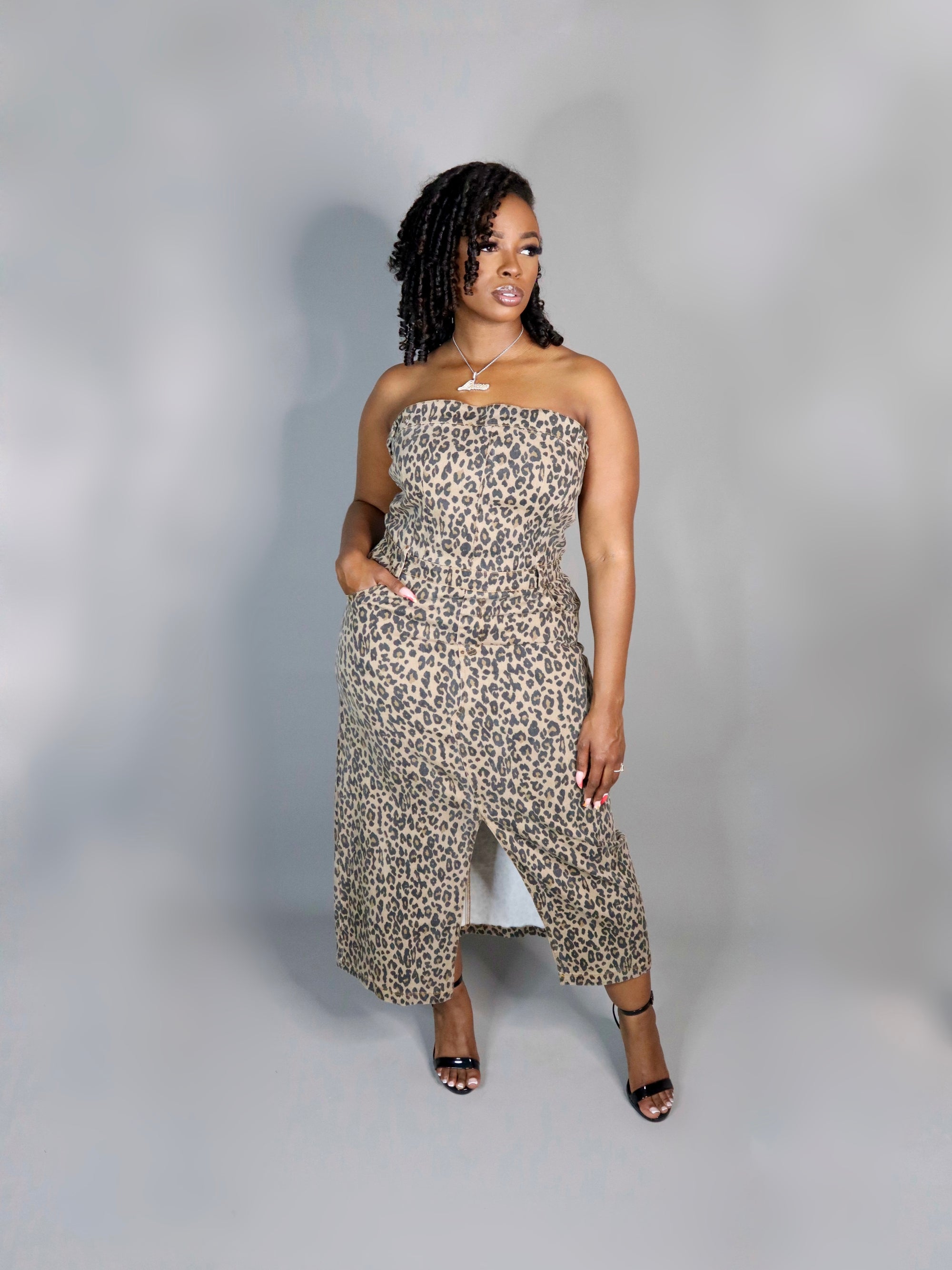 denim cheetah dress Leopard Denim Flounce Mini Dress