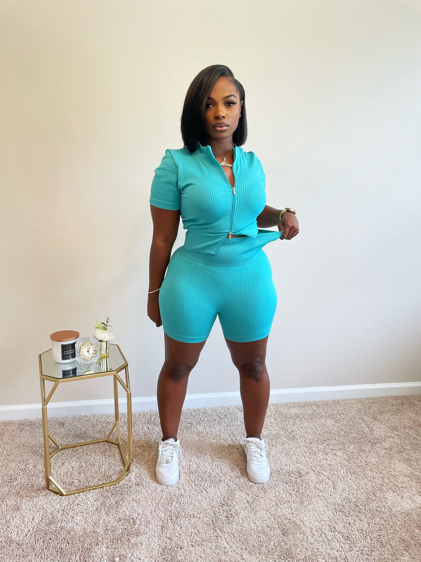 Teal Zip Up Short Set